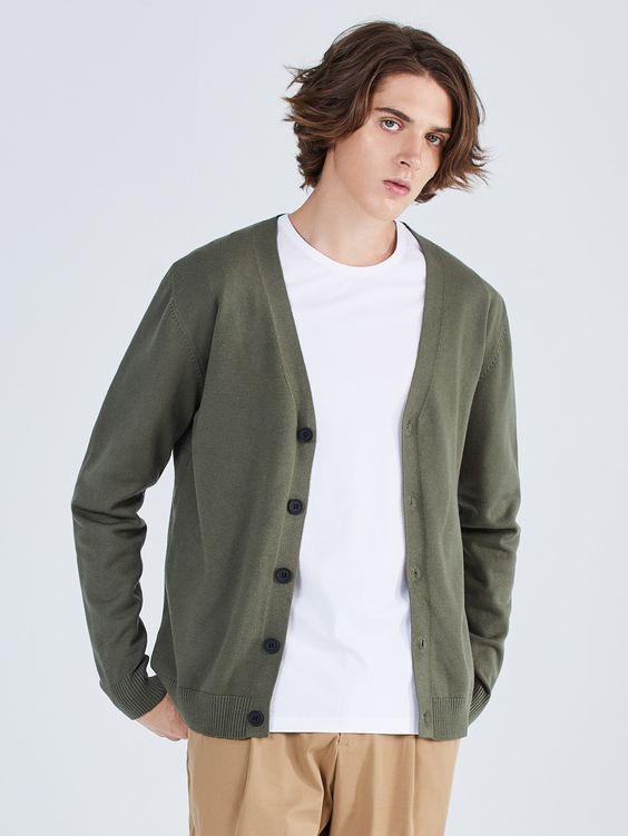 Men Solid Button Up Cardigan